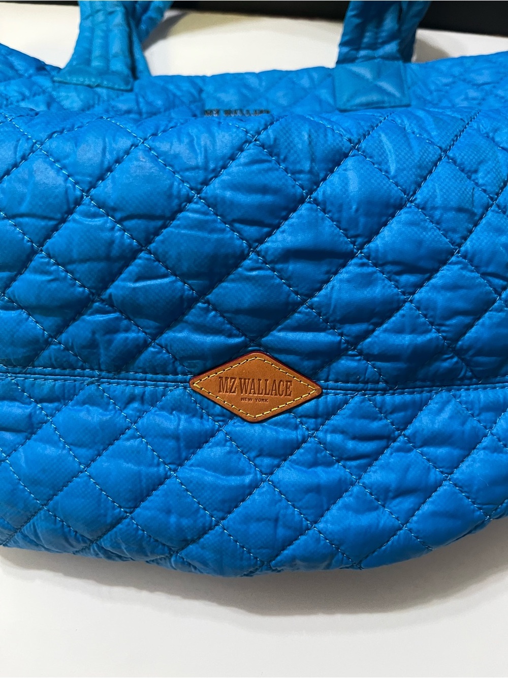 MZ Wallace Quilted Shoulder Tote in Bright Blue with Tan Logo Patch